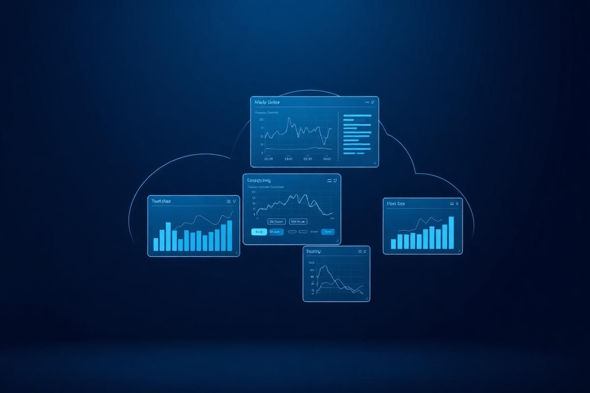 Abstract representation of cloud infrastructure with floating analytics panels