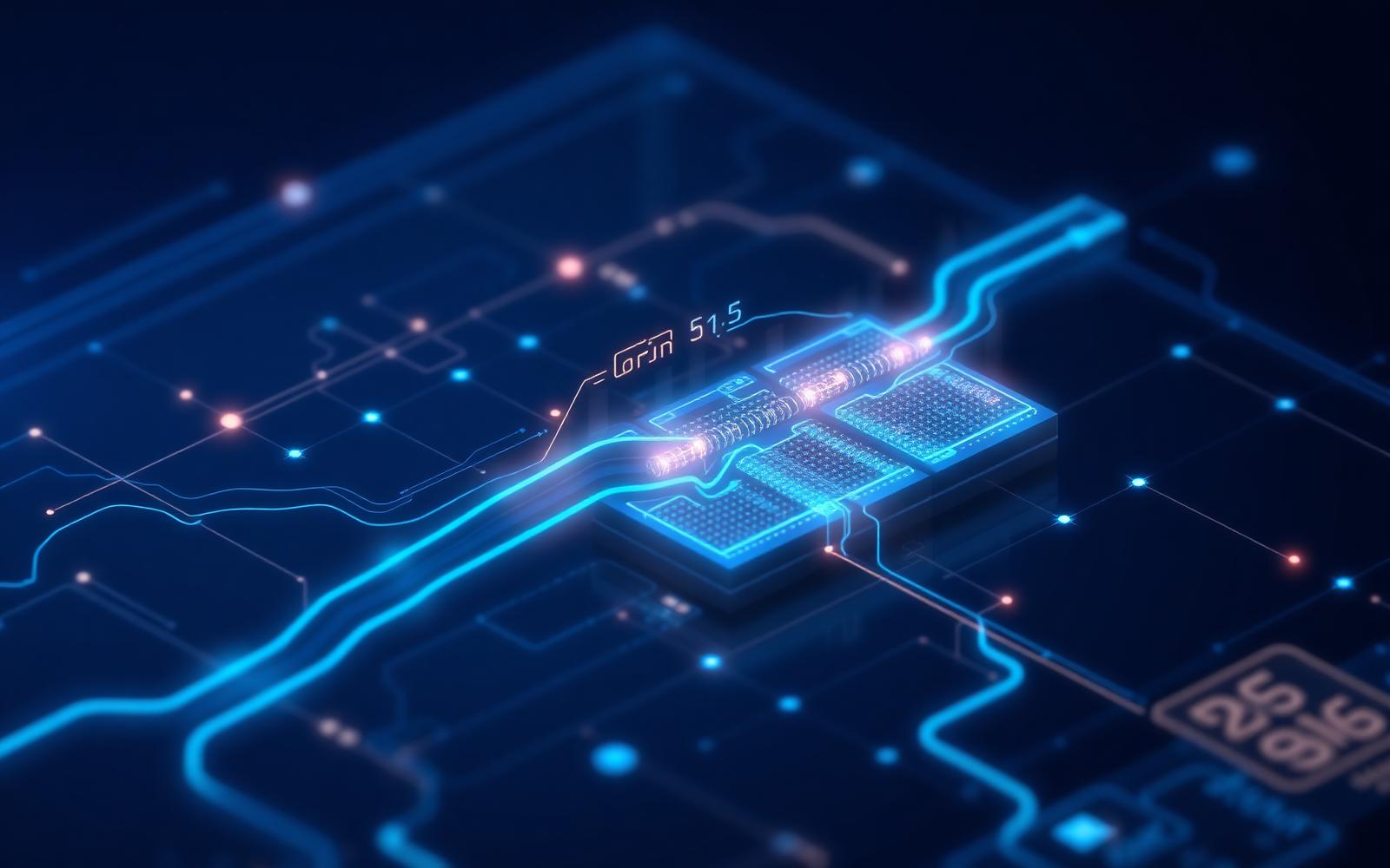 Illustration of enterprise digital infrastructure with flowing data streams over a circuit surface